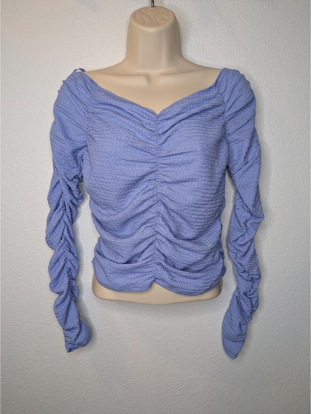 Elodie Women's Top Medium Periwinkle Blue Ruched Long Sleeve Off Shoulder NWT